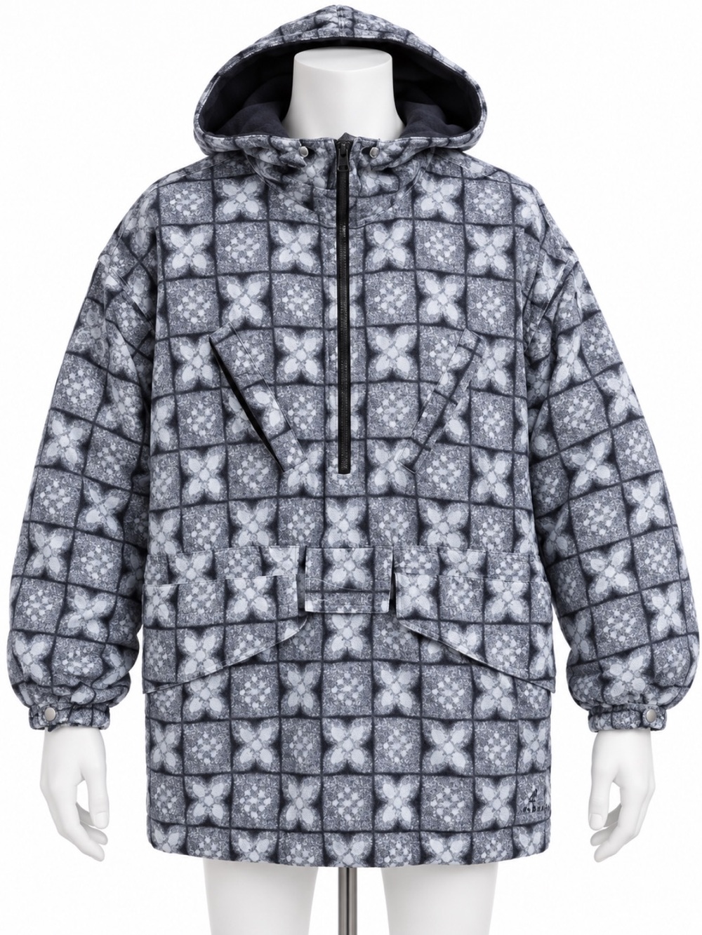 Vintage Belfe & Belfe Blue Gray Floral Hooded Anorak Jacket Oversized Medium EUC